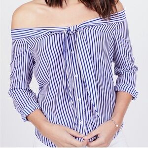 Ava Blue and White Striped Off the Shoulder Tie Detail Button Front Top Size XL